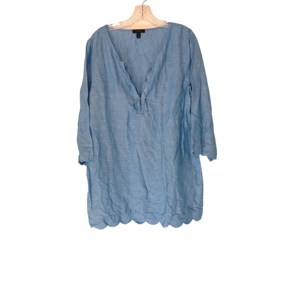 J.Crew Linen Blend Tunic Blouse Women's Lagenlook Coastal Scalloped Large